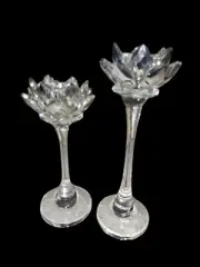 NEW CRYSTAL FACETED Set Of 2 MIRRORED GLASS LOTUS SHAPED TAPERED CANDLE HOLDER
