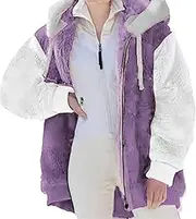 [Qolkmuiy-GJ] Women Casual Plus Size Fleece Jacket Sherpa Hoodie Lined Zip Up Outwear Winter Plush Teddy Bear Coat with Hood (Purple,XXL), Purple, XXL