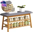 Bamboo Shoes Bench Seat Shoe Rack 2 Tier Storage Stool Rack with Hidden Storage