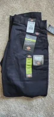 Dickies Flat Front Pants Mens 36x32 Black Slim Fit Tapered Leg