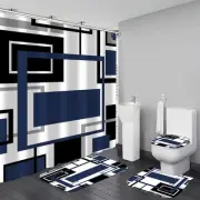 Yddsky 4 Pcs Blue Geometric Shower Curtain Sets Non-Slip Rugs Bath Mat Toilet