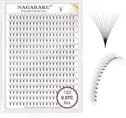 NAGARAKU Premade Fans Eyelash Extensions 320 Fans 10D Volume 0.07mm C curl 9-14mm Mix Tray Sharp Narrow Stem Clusters Thin Pointy Base Russian Pre Fanned Fluffy Matte Black