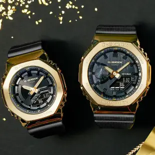 【CASIO 卡西歐】G-SHOCK 時尚經典八角形農家橡樹金屬錶殼雙顯錶-黑金(GM-S2100GB-1A 情侶錶)