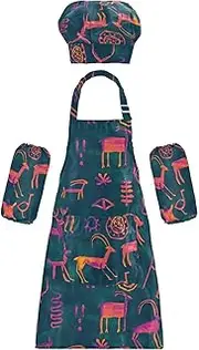AIXIWAWA Kids Apron Chef Hat Set, Child Kitchen Bib Aprons Adjustable for Cooking Baking Painting (Cave Curve Animals)