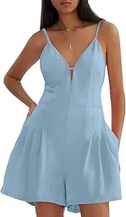 [CHERFLY] Women's Summer Casual Rompers Deep V-Neck Spaghetti Strap Overalls Backless Wide Leg Short Jumpsuit with Pockets 2024