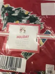 Pottery Barn Jolly Santa Holiday Tablecloth 70x90 NWT! Red Christmas Plaid Trim