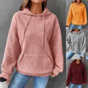 Women Waffle Long Sleeve Hoodie Tops Casual Baggy Plain Hooded Sweatshirt ；