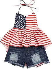 [bilison] 4th of July Toddler Girls Summer Outfits American Star Strap Backless Top Short Jeans Independent Day Outfit Set