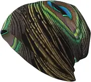 [QMNKLET] Beanie Hats for Men Women Soft Knit Cuffed Beanie Green Peacock Feather Skull Cap Headwear Ski Hat, Black, One Size