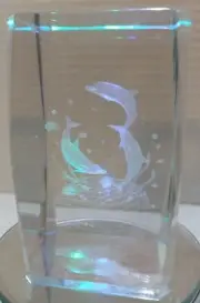 3d laser etched crystal glass paperweight Playful Dolphins