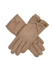 Dents Womens Touchscreen Velour-Lined Faux Suede Gloves with Bow - Camel