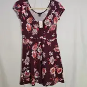 Aeropostale Scoop Neck Dress Burgundy Floral Tie Neck Cap Sleeves Size Medium