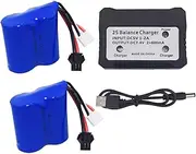 2PCS 7.4V 600mah Lithium Battery with 2-in-1 Charger for Syma Q2 Q3 Skytech H100 H102 H106 H120 High-Speed Remote Control Ship Spare Ship Model Lithium Battery