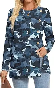 [KUOTAI] Womens Long Sleeve Shirts Casual Tops Crewneck Dressy Blouses Fall Fashion Tunic for leggings Buttons Front Split