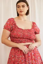 Red Boho Crop Top Short Sleeve Shirred