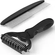 Mumoo Bear Pet Grooming Brush and Metal Comb Combo, Cat Dog Brush for Shedding, Undercoat Rake for Dogs Grooming Dematting Deshedding Brush Dogs Shedding Tool for Long matted Haired Pets, Black