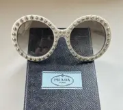 PRADA AUTHENTIC NEW SPR29Q ORNATE SUNGLASS, 753-0A7 IVORY & GUN w/GREY FADE LENS
