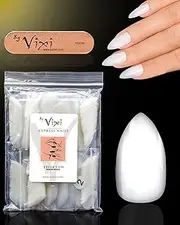 By Vixi 600 Pieces MEDIUM STILETTO NAIL SET with FREE GLUE & PREP FILE, 10 Sizes – Opaque Express Full Cover False Fingernail Extensions for Salon Professionals & Home Use