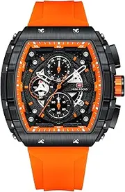 [MF MINI FOCUS] Mini Focus Unique Men Chronograph Watch Tonneau Casual Wrist Watches (Hollow/Waterproof/Super Luminous/Calendar) Soft Silicon Band Fashion Cool Watch for Men