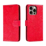 For iPhone 16 Pro Max Case, PU Leather Floral Lace Cover, Red
