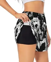 [WURTON] Black and White Soccer Ball Pattern Print Exercise Gym Workout Shorts Women's Athletic Shorts Dual-Layered Yoga Running