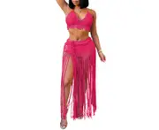 Women Sexy Beach Coverups Summer 2 Piece Outfits Crochet Bikini Top and Tassels Skirt Set-Rose red