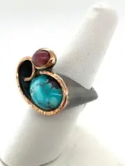 Artisan Modern Turquoise & Tourmaline Oxidized Swirl Sterling Silver Ring Sz 7