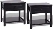 vidaXL Black Bedside Cabinets in Paulownia Wood, MDF and Plywood - Pair of Compact, Easy to Assemble & Versatile Drawer and Shelf Cabinets for Bedroom & Living Room