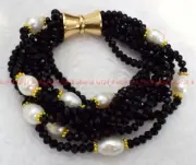 8 Rows Natural 2x4mm Rondelle Black Agate Faceted Gem White Pearl Bracelet 7.5"