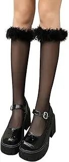 [Lopsity] Women Ruffle Socks Lace Knee High Socks Sexy Sheer Trouser Socks Mesh Fishnet Stockings Feather Crew Socks Novelty Sexy Frilly Socks