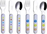 EXZACT Kids Cutlery 6pcs Stainless Steel 18/10 Children's Cutlery Set - incl. 2 x Forks, 2 Safety Knives; 2 x Dinner Spoons - Plastic Handle, Toddler Utensils BPA Free Flatware - Stars & Dots