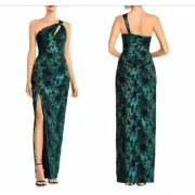 New Aidan Mattox Metallic Jacquard One-Shoulder Gown Emerald Green Women Size 10