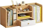 Wooden Tabletop Storage Rack, Freestanding Countertop Bookcase, Large Capacity Storage Desktop Organiser, Office Desk Storage Shelf with Drawer, for Office and Home