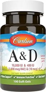Carlson - A & D, 10000 IU & 400 IU, Vision Support, Immune Function & Skin Health, 100 Soft gels