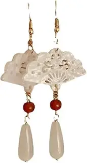 [YTDJJWLS] Ethnic Chinese Style Retro Carved Fan Shaped Earrings Fashion Water Drop Jade Pendant Accessory, Stone, No Gemstone
