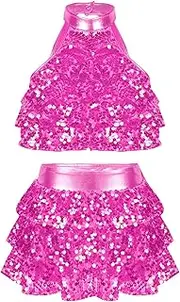 [Aislor] Girls Latin Jazz Modern Salsa Samba Rumba Ballet Cotume Backless Sequins Tiered Crop Top With Skirt Dancewear