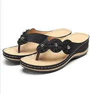 [DZXYQ] Summer Women's Slippers Flat Sandal Multicolor Handmade Retro Flowers Flip-Flops Large Size Slippers Leather Slip on Light Mid Heel Wedge Beach Outside Leisure Flip Flops,Black,41