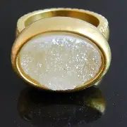 Hammered Yellow Gold 24k Plated w Amazing Oval Ring White Druzy Agate Sz 6.5