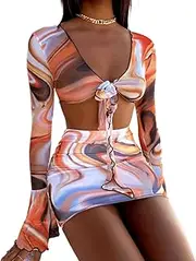 [Aobiono] Women's Bikini Swimsuit Set 3 Piece Sexy Boho Bathing Suit Long Sleeve Swimwear Top Brazilian Thong Cover Up Skirt