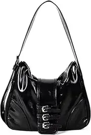 Three Buckle Handbag Shoulder Bag, Razzberry Designer Bags for Women, Patent Vegan Leather, with bonus Razzberry Dust Bag