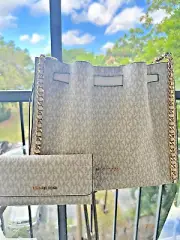 Michael Kors Mina Large Belted Gold Chain Shoulder Bag+ Trifold Wallet Combo Set