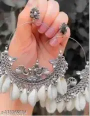 Oxidized Silver Boho Hoop Earrings with Shell Beads & Lord Krishna Motif