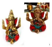 2" Beautiful Brass Sculpture Taj Ganesha Stone Hindu God Home Temple Diwali Gift