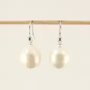14kt Solid White Gold Fish Hook White Nucleated Baroque Pearls Dangle Earrings