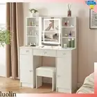 Dressing Table Stool Set Makeup Desk LED Mirror Storage Cabinets and Drawers