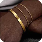 [Moodear] Stackable Bracelets for Men Dainty 925 Sterling Silver/14K Gold Plated Cuff Snake Box Cuban Link Chain Bangle Bracelet Set Mens Jewelry Gifts for Men Silver Gold Black