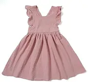 [ACESTAR] ACESATR Baby Girls Cotton Linen Ruffle Sleeve Dress Toddler Backless Sleeveless Crossback Strap Dresses Casual Sundress