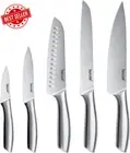 5-Piece Silver Kitchen Knife Set Satin Blade Hollow Handle Chef Bread Santoku