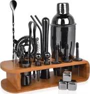 Cocktail Shaker Set with Bamboo Stand, 26-Pieces Bartender Kit 25 Oz Martini Bar