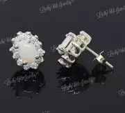 14k Yellow Gold Stud Diamond & AAA Oval Australian Opal Earring Oct Birthstone